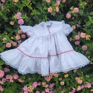 Charming Vintage 80s White and Red Baby Toddler Dress 12 Mos.